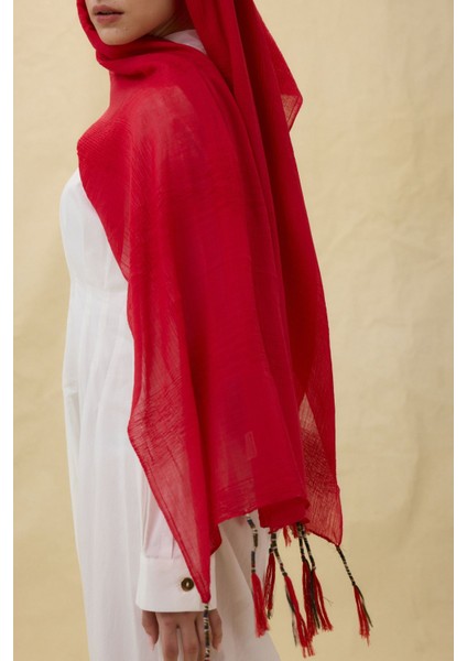 Brıce Kırmızı Uzun Saçak Püsküllü Pamuklu Şal modelleri