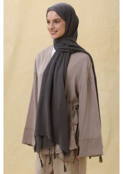 Brıce Füme Uzun Saçak Püsküllü Pamuklu Şal