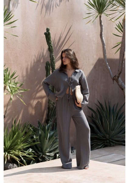 Bali Boncuklu Antrasit Müslin Takım