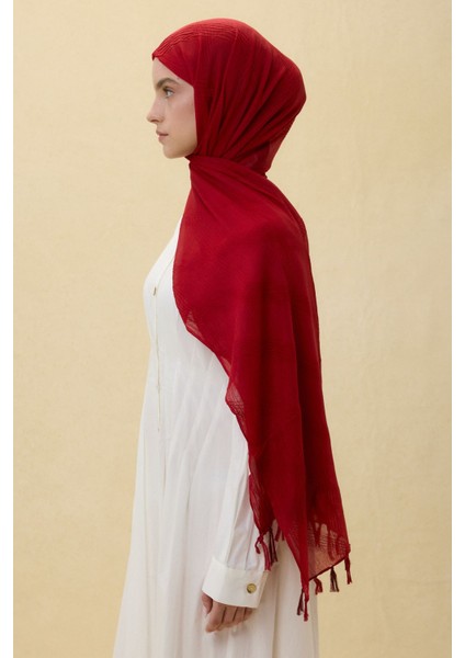 Lilyum Koyu Kırmızı Saçak Püsküllü Pamuklu Şal