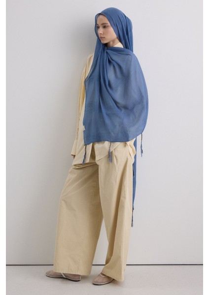 Brıce Indigo Uzun Saçak Püsküllü Pamuklu Şal