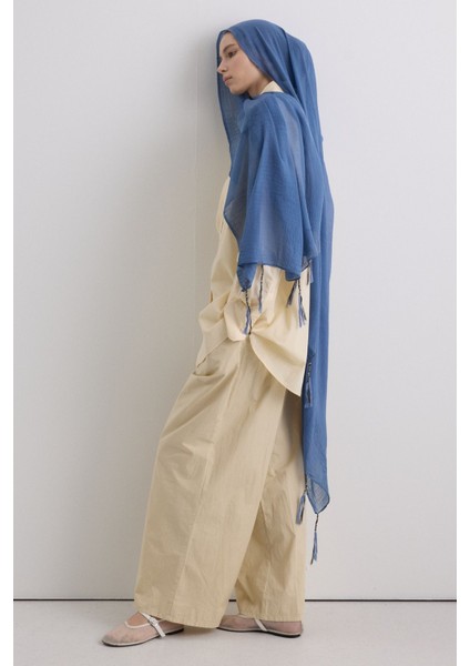 Brıce Indigo Uzun Saçak Püsküllü Pamuklu Şal