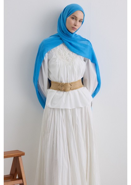 Brıce Gök Mavi Uzun Saçak Püsküllü Pamuklu Şal