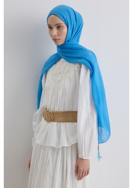 Brıce Gök Mavi Uzun Saçak Püsküllü Pamuklu Şal modelleri