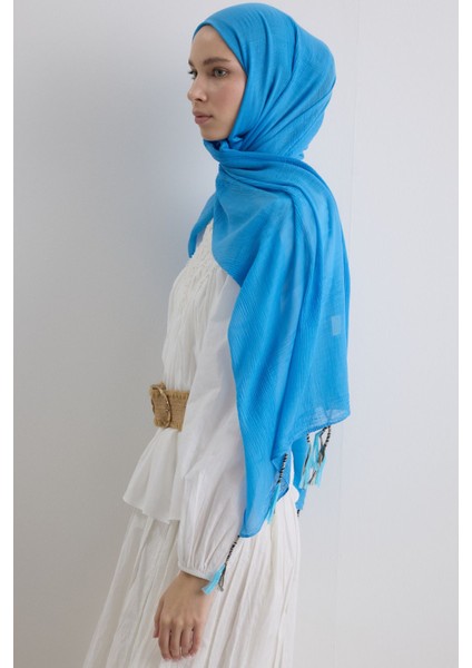 Brıce Gök Mavi Uzun Saçak Püsküllü Pamuklu Şal
