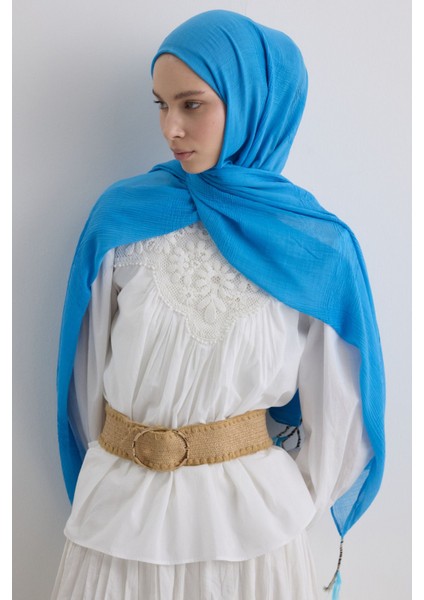 Brıce Gök Mavi Uzun Saçak Püsküllü Pamuklu Şal