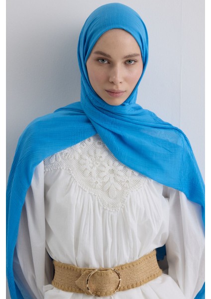 Brıce Gök Mavi Uzun Saçak Püsküllü Pamuklu Şal