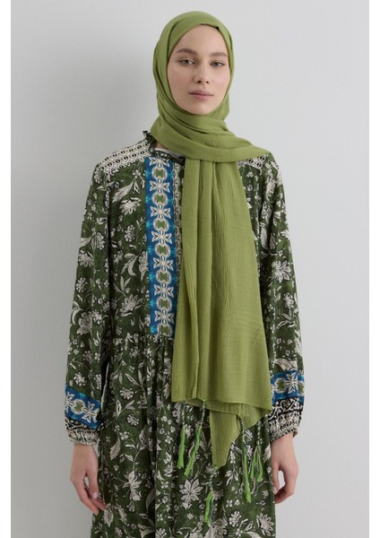 Brıce Çağla Yeşil Uzun Saçak Püsküllü Pamuklu Şal