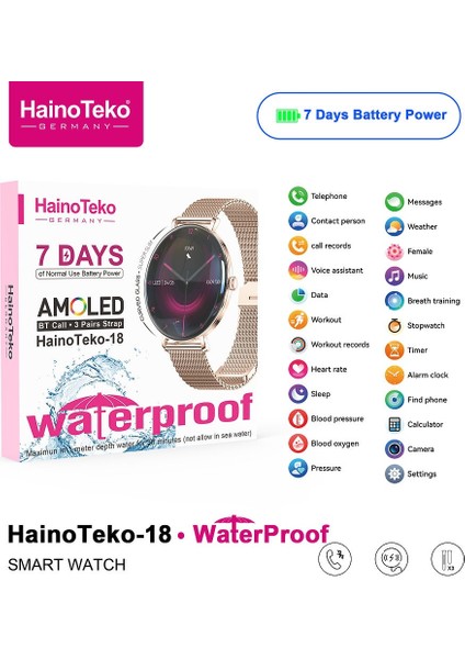 Hainoteko- 18 Akıllı Saat | Amoled Ekran | Bluetooth Arama | 7 Gün Batarya | Su Geçirmez | 3 Farklı Kordon Dahil