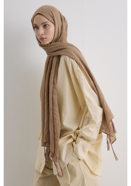 Drew Bej Bohem Uzun Saçaklı Pamuklu Şal