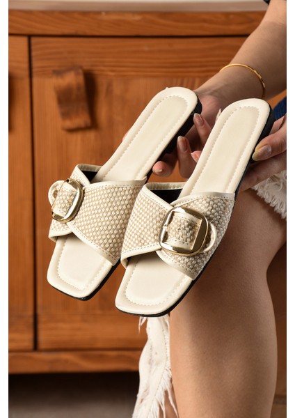 Bej Beyaz Kadın Tokalı Terlik Günlük Şık Hasır Rahat Yumuşak Bohça Misafir Deniz Ev Plaj SL01 fiyatları