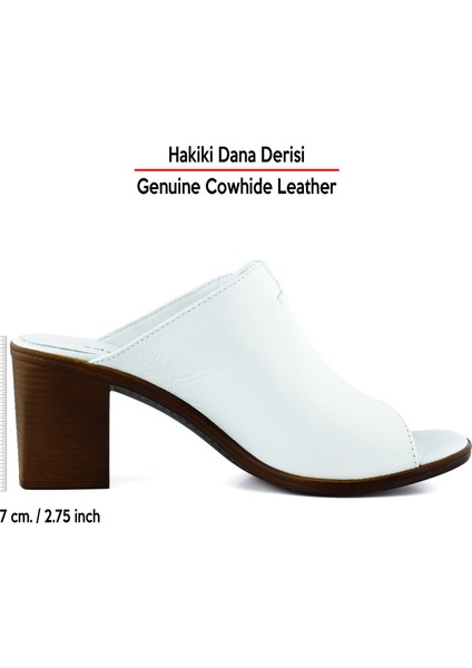 Valery Beyaz Hakiki Dana Derisi Önü Açık Kalın Topuklu Terlik