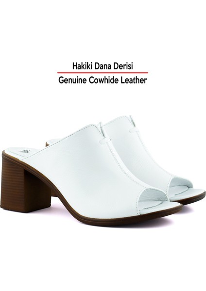 Valery Beyaz Hakiki Dana Derisi Önü Açık Kalın Topuklu Terlik