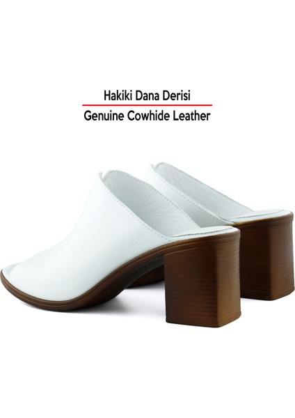 Valery Beyaz Hakiki Dana Derisi Önü Açık Kalın Topuklu Terlik