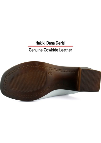 Valery Beyaz Hakiki Dana Derisi Önü Açık Kalın Topuklu Terlik
