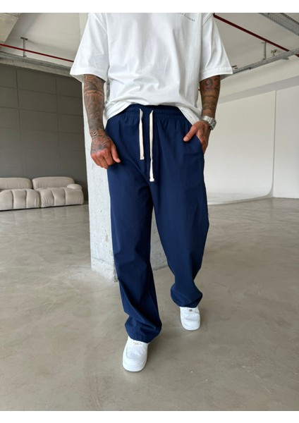 Baggy Fit Keten Pantolon - Lacivert