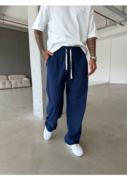 Baggy Fit Keten Pantolon - Lacivert modelleri