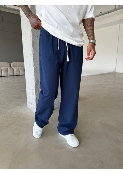 Baggy Fit Keten Pantolon - Lacivert fırsatları