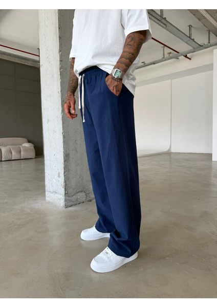 Baggy Fit Keten Pantolon - Lacivert indirimleri