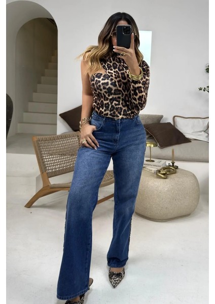 Yanları Leopar Şeritli Jean Mavi