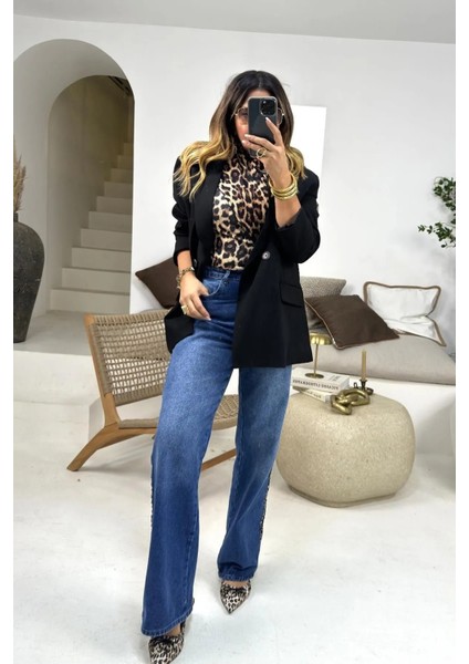 Yanları Leopar Şeritli Jean Mavi
