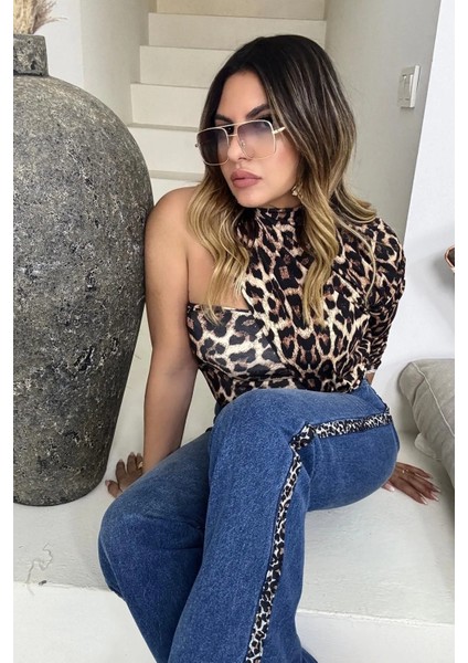 Yanları Leopar Şeritli Jean Mavi