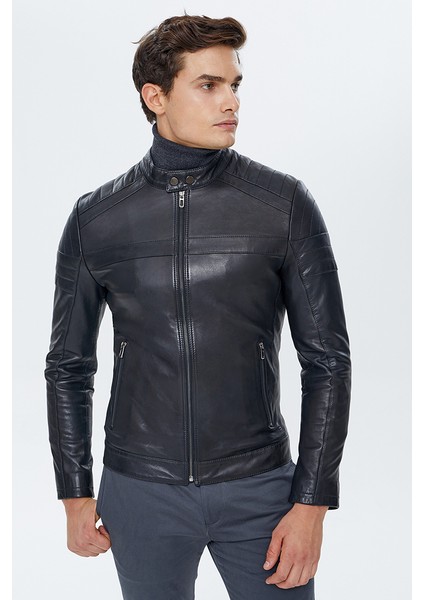 Duncan Erkek Siyah Slim-Fit Deri Ceket 22WGD6443M5