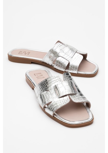 Notre Gümüş Baskı Hakiki Deri Kadın Terlik