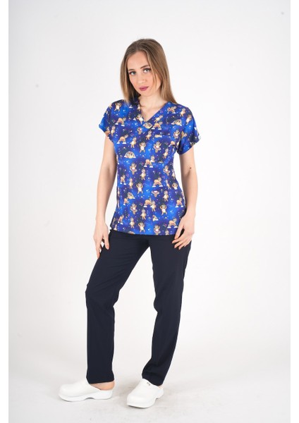 Unisex Stars Club Desenli Likralı Doktor Hemşire Hastane Cerrahi Scrubs Üniforma Takımı