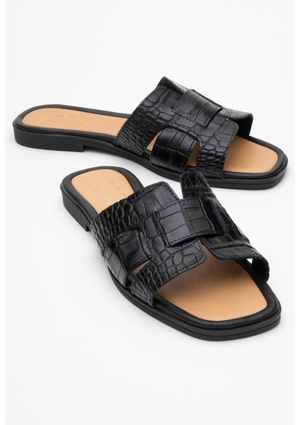 Notre Siyah Baskı Hakiki Deri Kadın Terlik