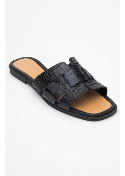 Notre Siyah Baskı Hakiki Deri Kadın Terlik modelleri