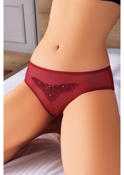 Güpürlü Taşlı Bordo Tül Külot