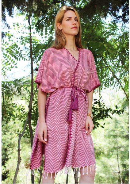 %100 Pamuk El Dokuması Tığ Işlemeli Kimono - Bordo