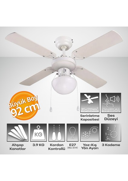 Eko Tavan Vantilatörü Beyaz 4 Kanat 92 cm