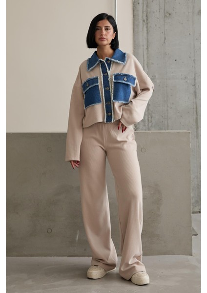 Bej Denim Garnili Gömlek ve Pantolon Takım