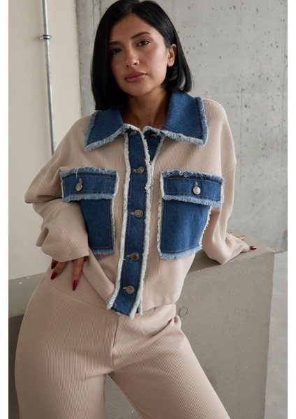 Bej Denim Garnili Gömlek ve Pantolon Takım modelleri