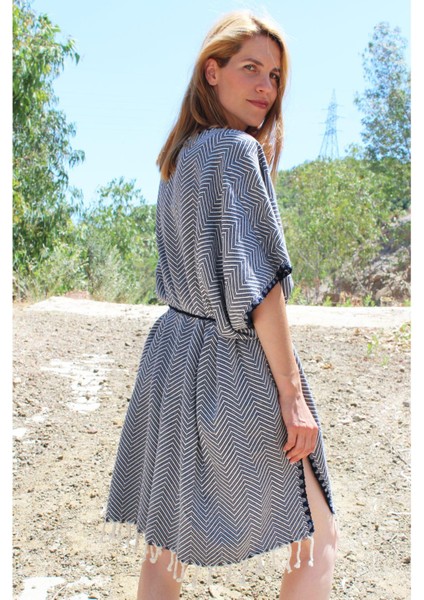 %100 Pamuk El Dokuması Tığ Işlemeli Kimono - Lacivert