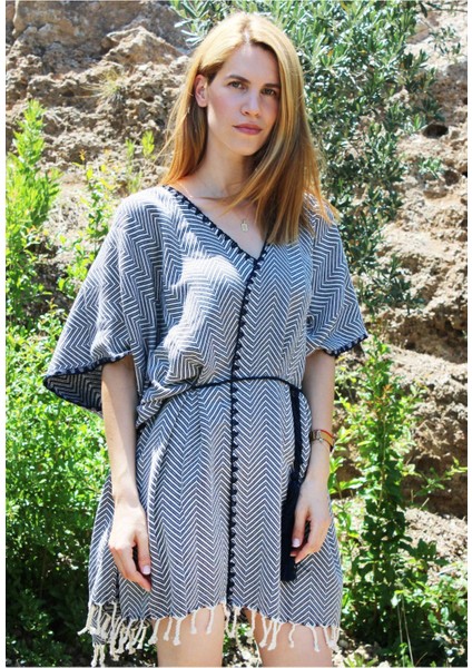 %100 Pamuk El Dokuması Tığ Işlemeli Kimono - Lacivert fiyatları