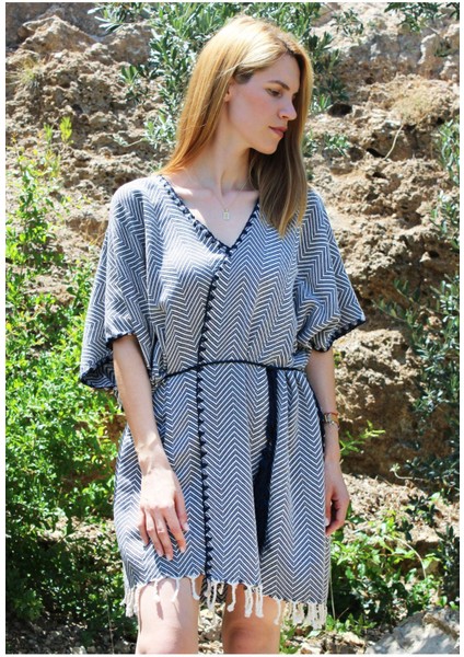 %100 Pamuk El Dokuması Tığ Işlemeli Kimono - Lacivert modelleri