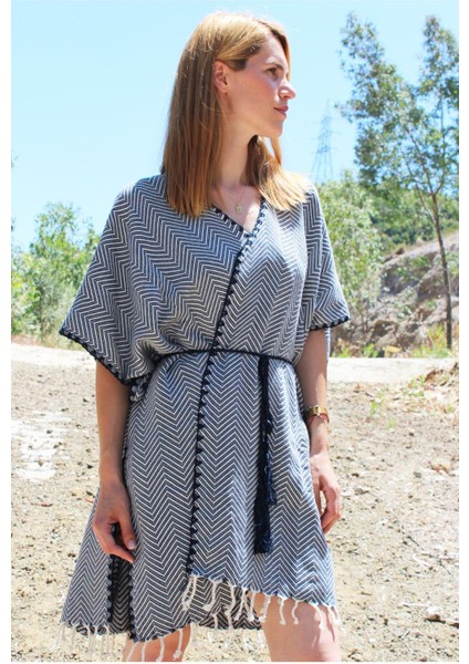 %100 Pamuk El Dokuması Tığ Işlemeli Kimono - Lacivert fırsatları