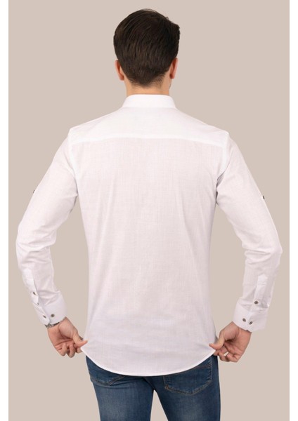 Beyaz Kahve Düğmeli Slimfit Erkek Gömlek