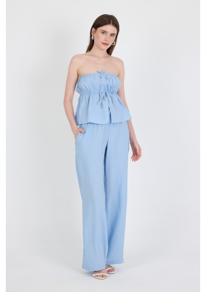 Bebe Mavi Mavi Straplez Bluz ve Geniş Paça Pantolon Ikili Takım 5236