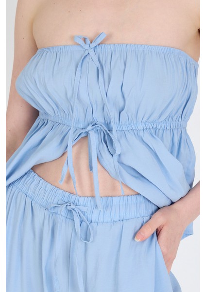 Bebe Mavi Mavi Straplez Bluz ve Geniş Paça Pantolon Ikili Takım 5236 fırsatları