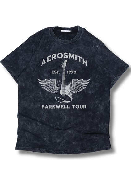 Oversize Aerosmith Est 1970 Baskılı Yıkamalı T-Shirt, Unisex Rock Muzik Baskılı Vintage Tişört