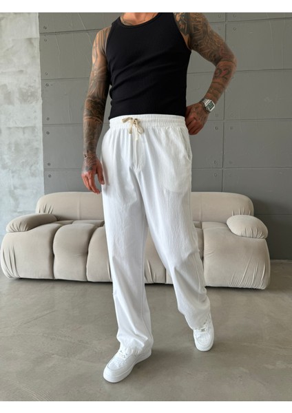 Baggy Fit Keten Pantolon - Beyaz
