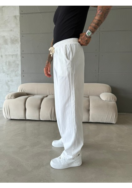 Baggy Fit Keten Pantolon - Beyaz fiyatları