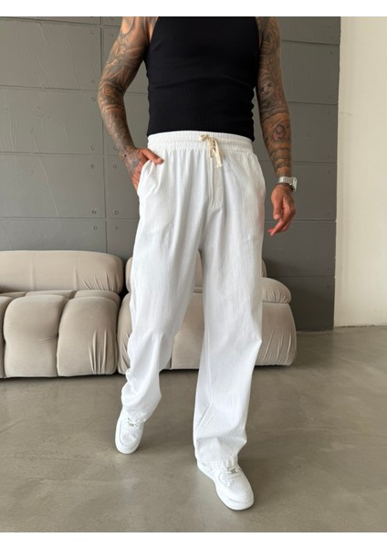 Baggy Fit Keten Pantolon - Beyaz modelleri