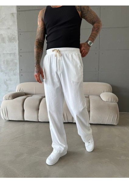Baggy Fit Keten Pantolon - Beyaz fırsatları