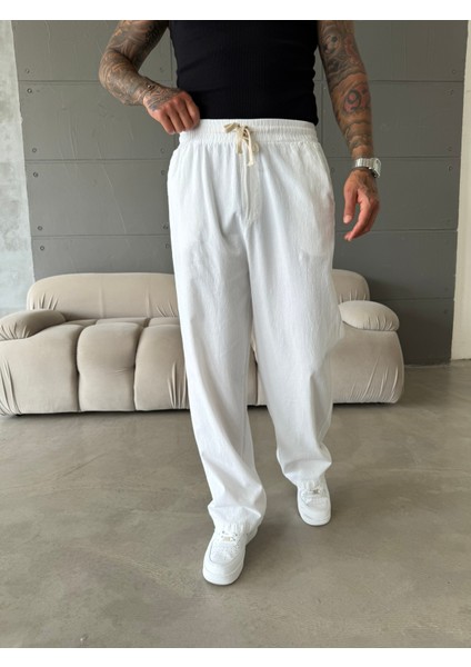 Baggy Fit Keten Pantolon - Beyaz indirimleri