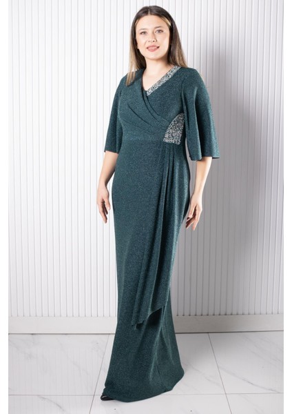 Taş Baskı Detaylı Abiye Yeşil MDA2541